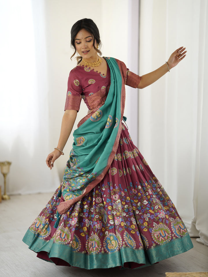 Wine & Teal Kalamkari Tussar Silk Lehenga with Zari Border & Tassel Dupatta – Festive & Wedding Wear