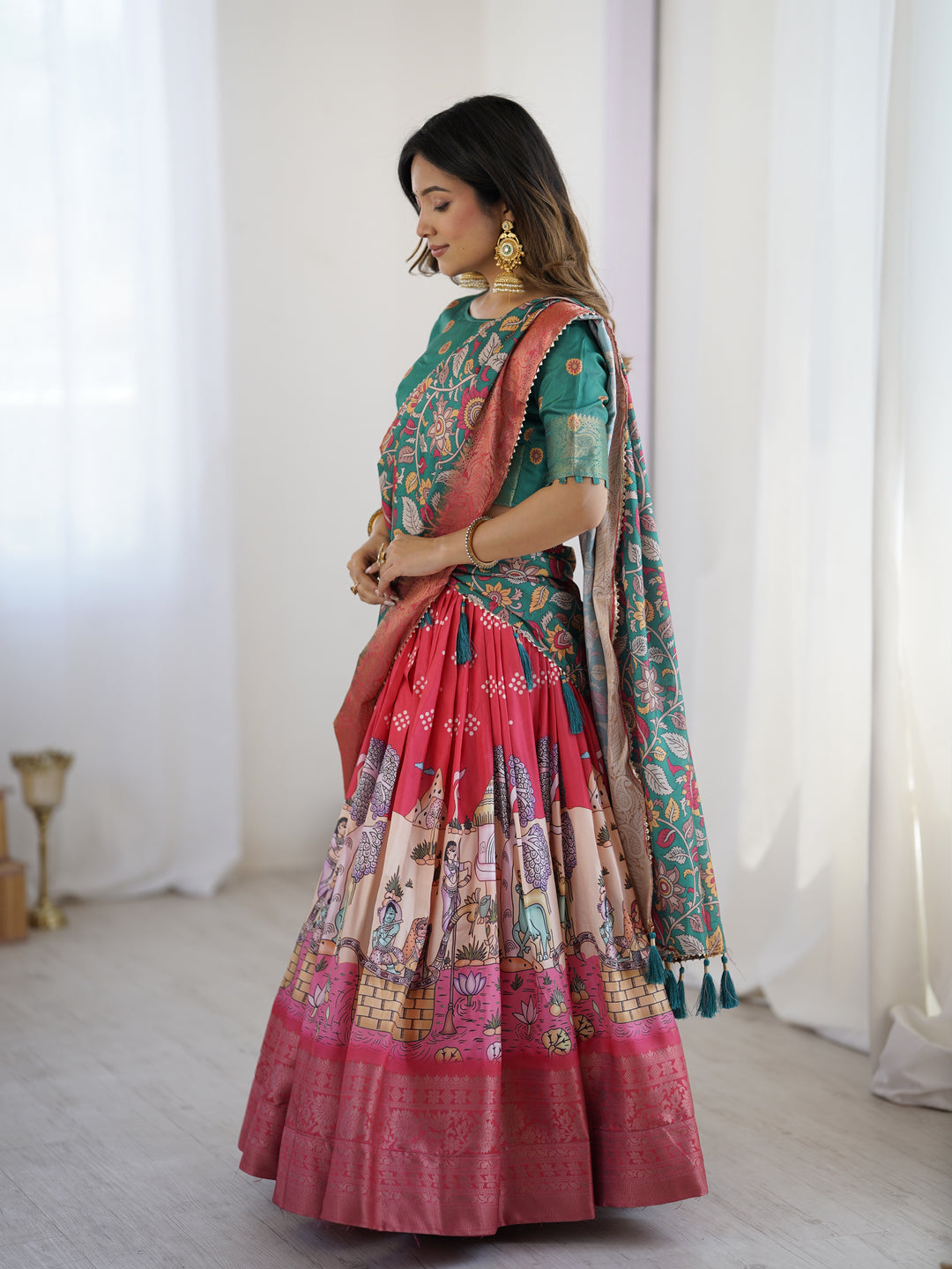 Elegant Kalamkari Lehenga in Rani Pink and Teal Green with Mythological Print and Floral Dupatta