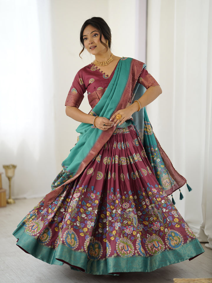 Wine & Teal Kalamkari Tussar Silk Lehenga with Zari Border & Tassel Dupatta – Festive & Wedding Wear
