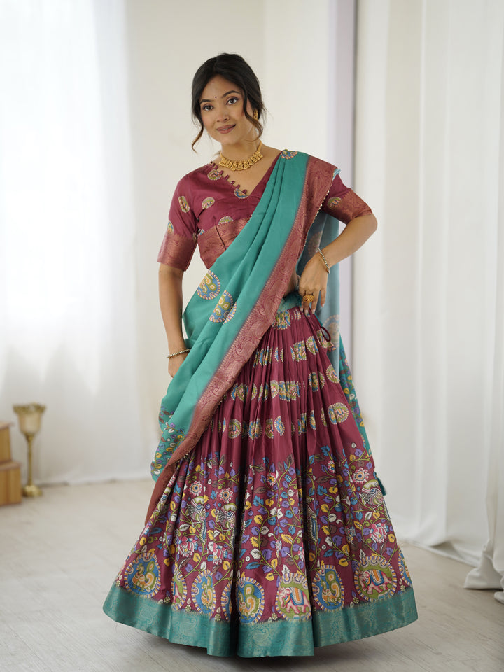 Wine & Teal Kalamkari Tussar Silk Lehenga with Zari Border & Tassel Dupatta – Festive & Wedding Wear