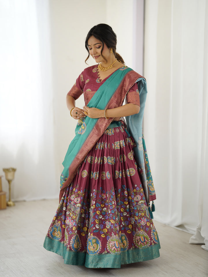 Wine & Teal Kalamkari Tussar Silk Lehenga with Zari Border & Tassel Dupatta – Festive & Wedding Wear