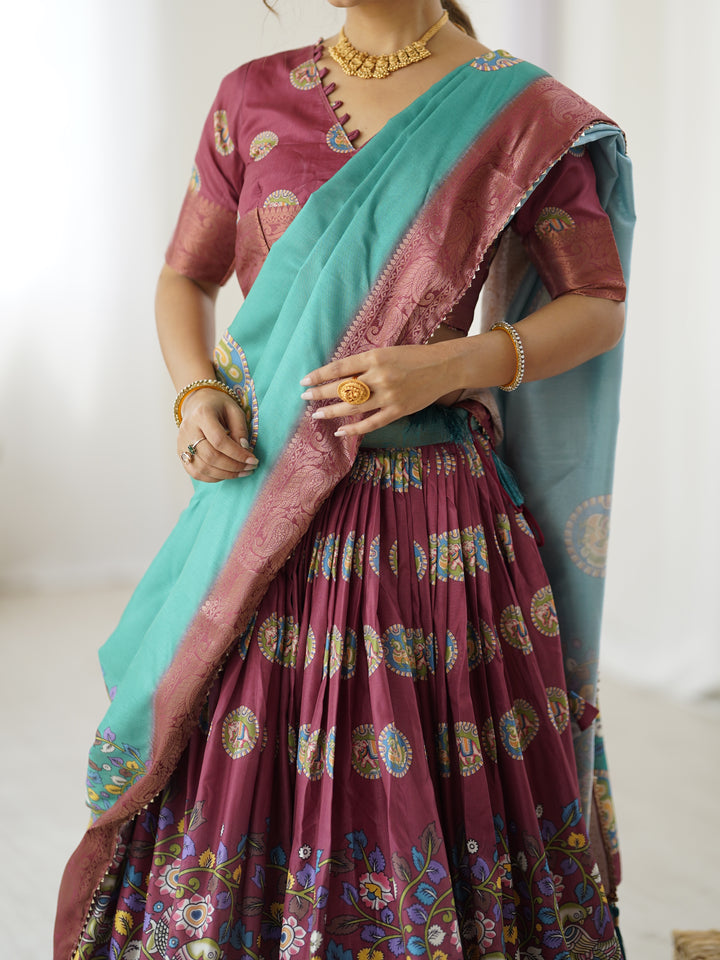 Wine & Teal Kalamkari Tussar Silk Lehenga with Zari Border & Tassel Dupatta – Festive & Wedding Wear