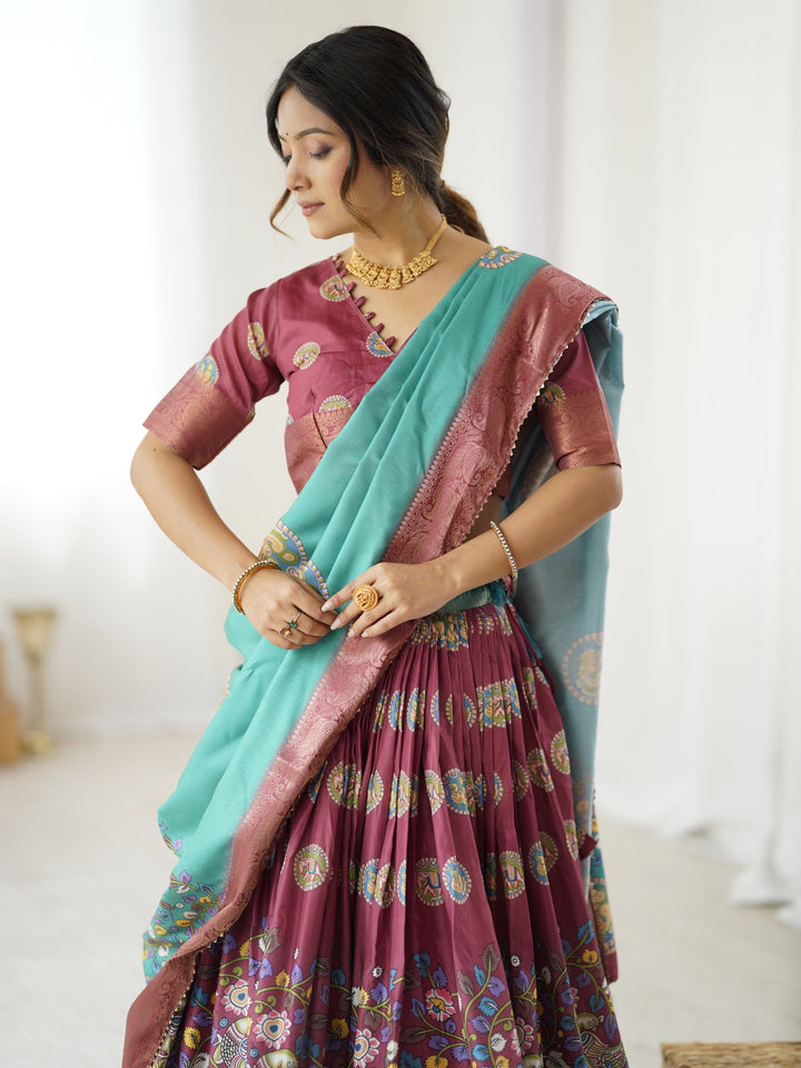 Wine & Teal Kalamkari Tussar Silk Lehenga with Zari Border & Tassel Dupatta – Festive & Wedding Wear
