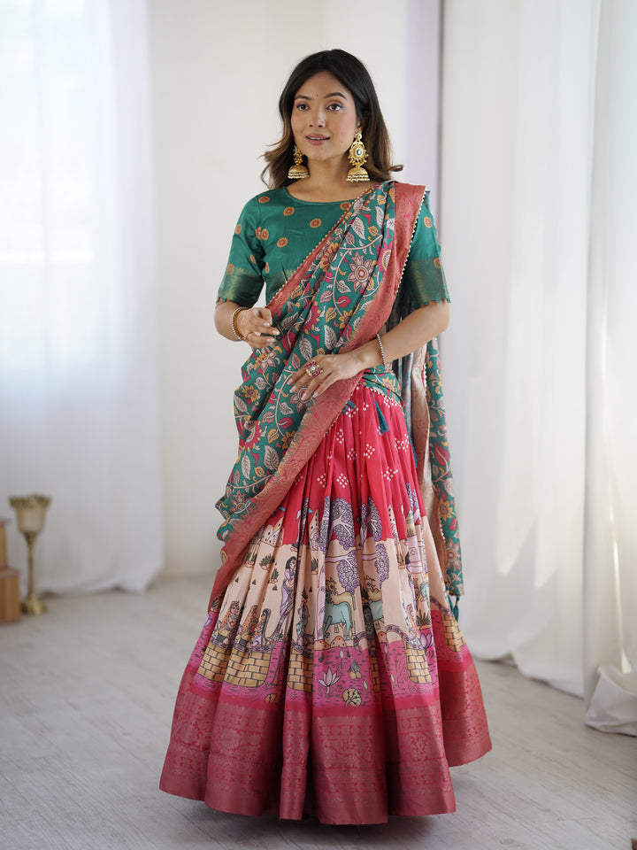Elegant Kalamkari Lehenga in Rani Pink and Teal Green with Mythological Print and Floral Dupatta