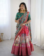 Elegant Kalamkari Lehenga in Rani Pink and Teal Green with Mythological Print and Floral Dupatta