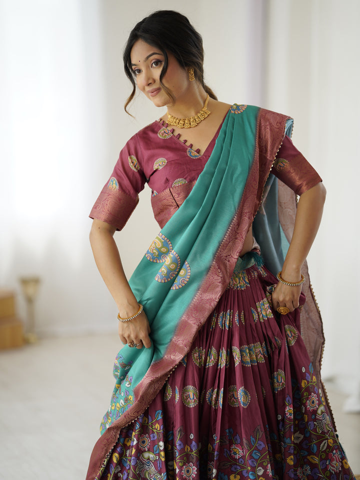 Wine & Teal Kalamkari Tussar Silk Lehenga with Zari Border & Tassel Dupatta – Festive & Wedding Wear
