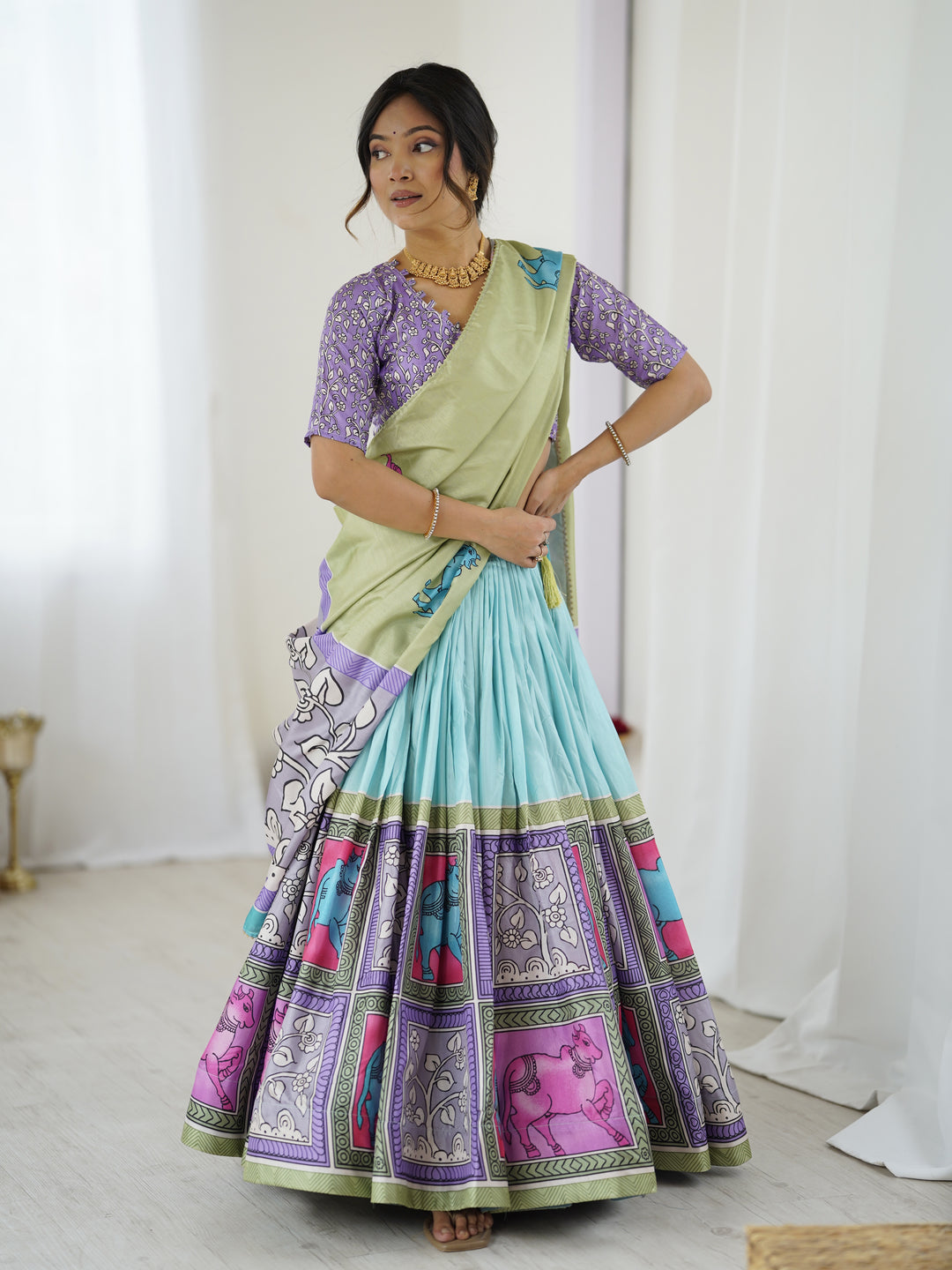 Trendy Kalamkari Lehenga with Contrast Blouse | Lightweight & Stylish