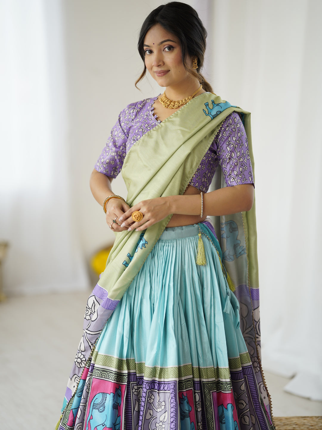 Trendy Kalamkari Lehenga with Contrast Blouse | Lightweight & Stylish