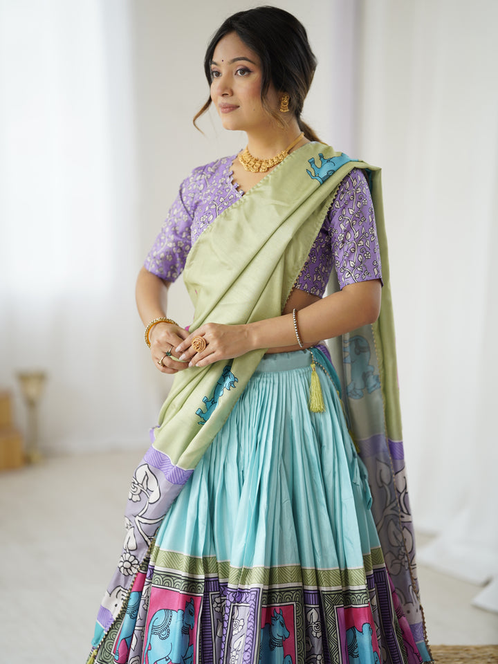 Trendy Kalamkari Lehenga with Contrast Blouse | Lightweight & Stylish