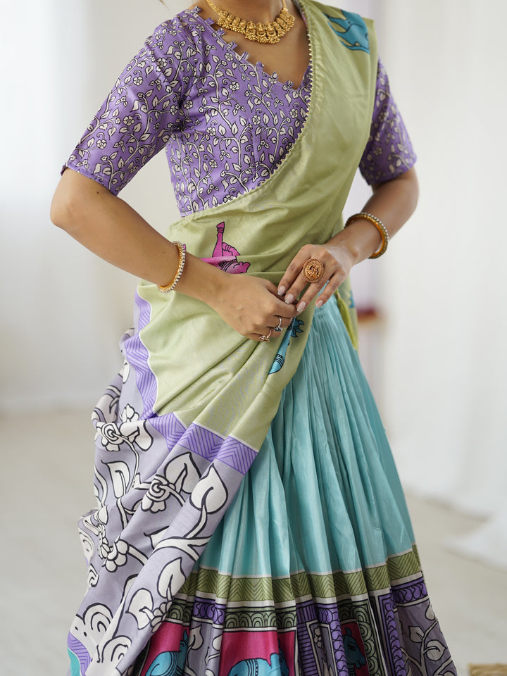 Trendy Kalamkari Lehenga with Contrast Blouse | Lightweight & Stylish