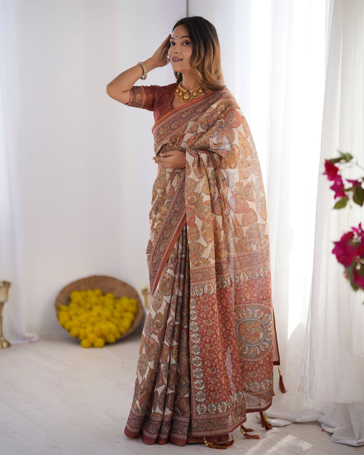 Rust Beige Pure Linen Cotton Saree with Paisley Motifs and Mandala Artwork