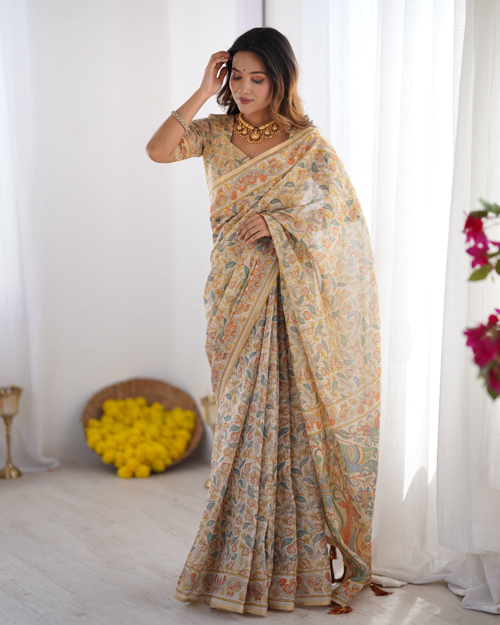 Handloom Linen Cotton Printed Saree with Mythical Animal Art Pallu – Soft Cream with Terracotta & Teal Accents