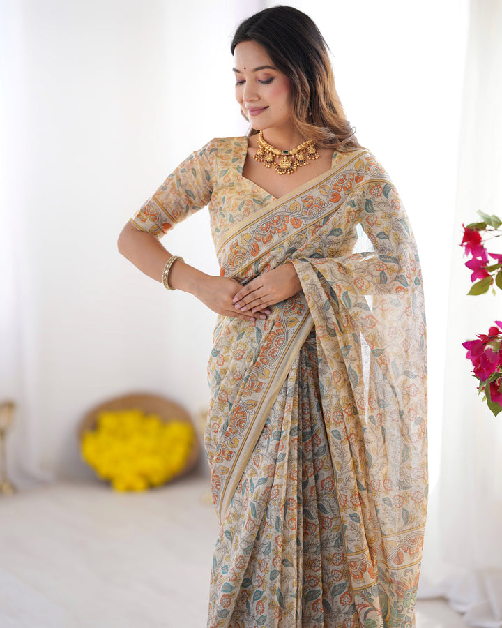 Handloom Linen Cotton Printed Saree with Mythical Animal Art Pallu – Soft Cream with Terracotta & Teal Accents