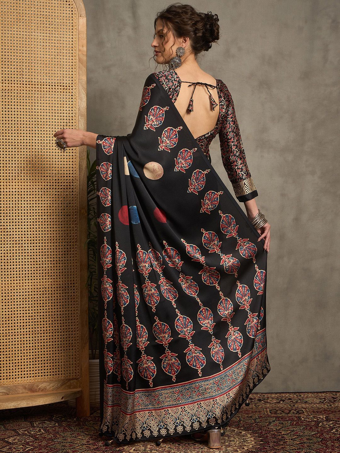 Black Gajji Silk Saree with Red Leaf Buta, Gold Border & Multicolor Abstract Pallu