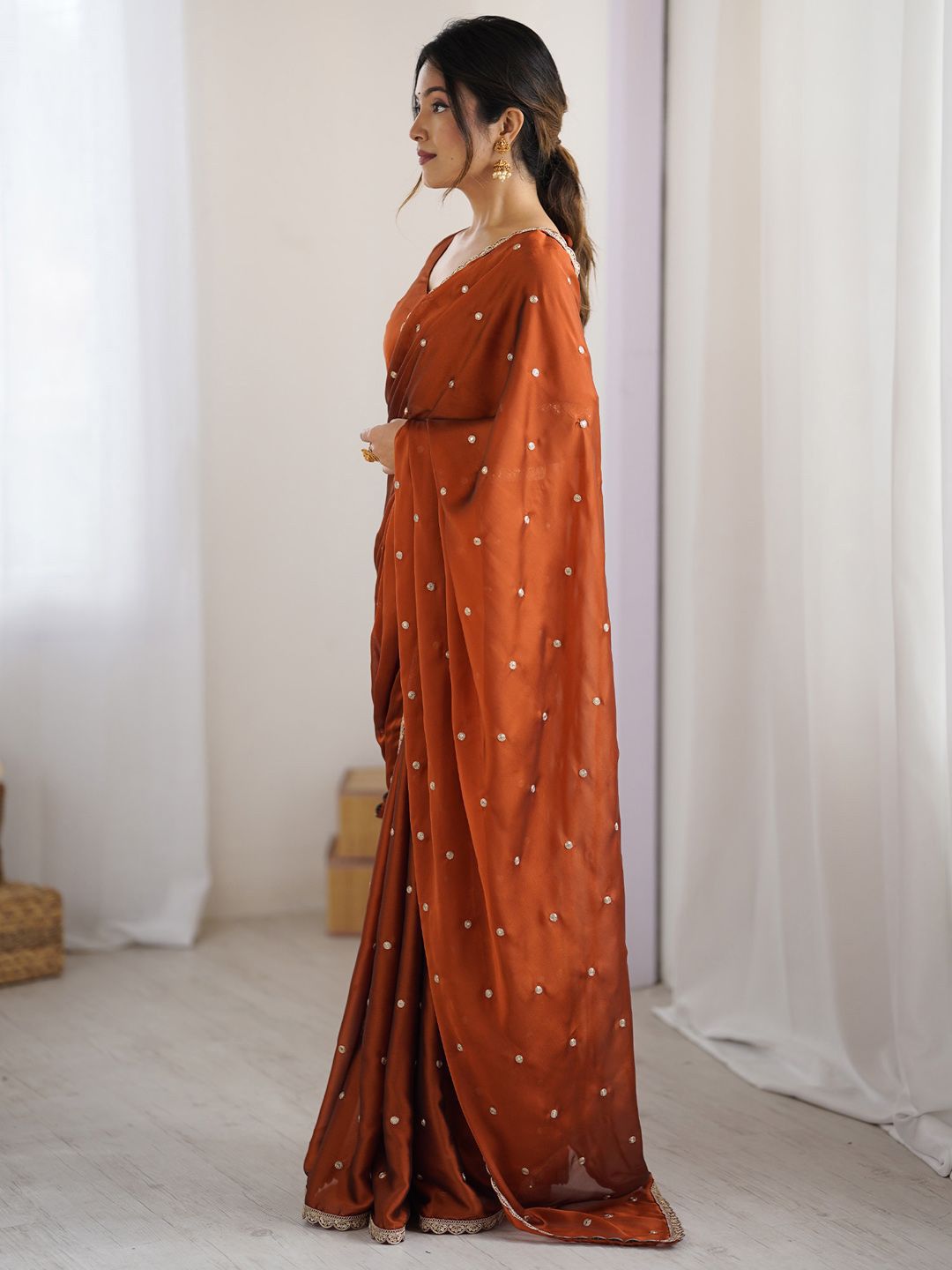 Royal Brown Georgette Saree with Golden Zari Lace Border & Sequin Work – Elegant Party & Wedding Wear