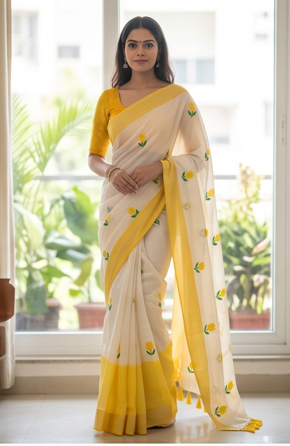 Mulmul Cotton Saree with Multicolored Checks and Handmade Tassels - 5.5 Mtr