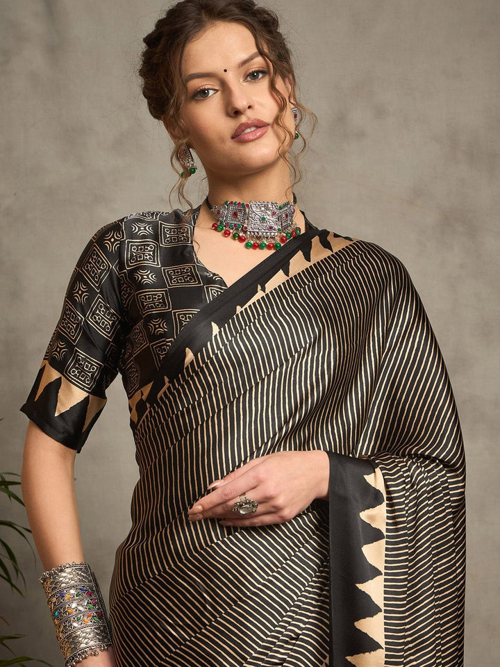 Black Gajji Silk Saree with Tribal Red Geometric Motif & Contrast Border