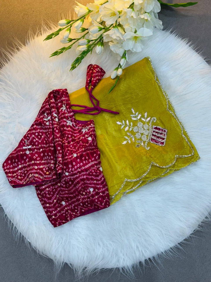 Yellow Embroidered Saree with Teal Bandhej Blouse | Soothing Ethnic Festive Wear