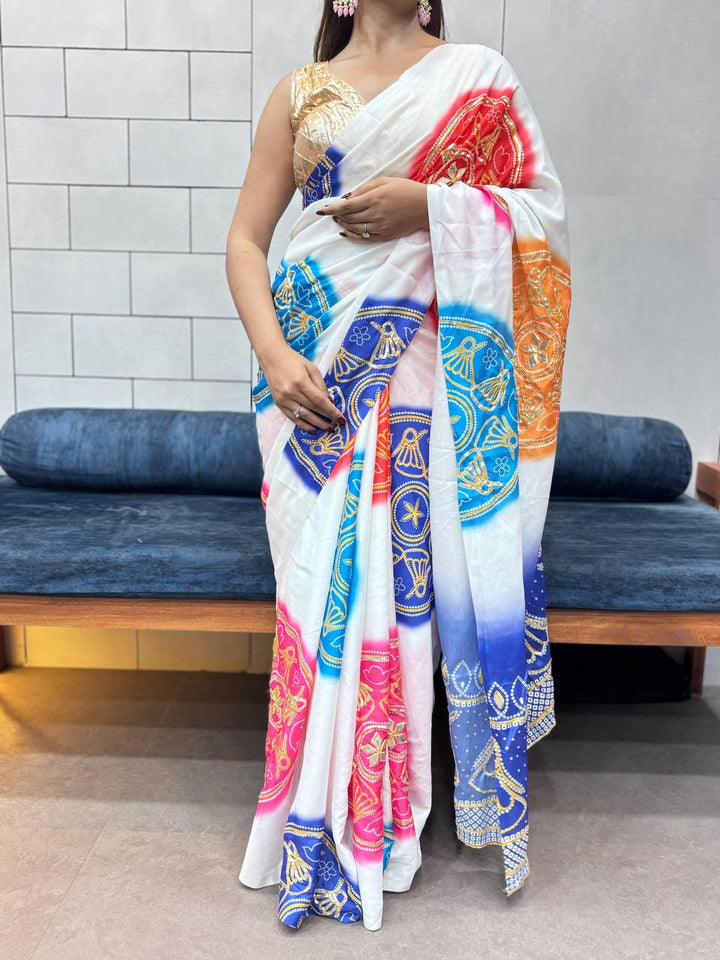Exclusive Bandhej Print Gaji Silk Saree with All Over Butta & Contrast Blouse