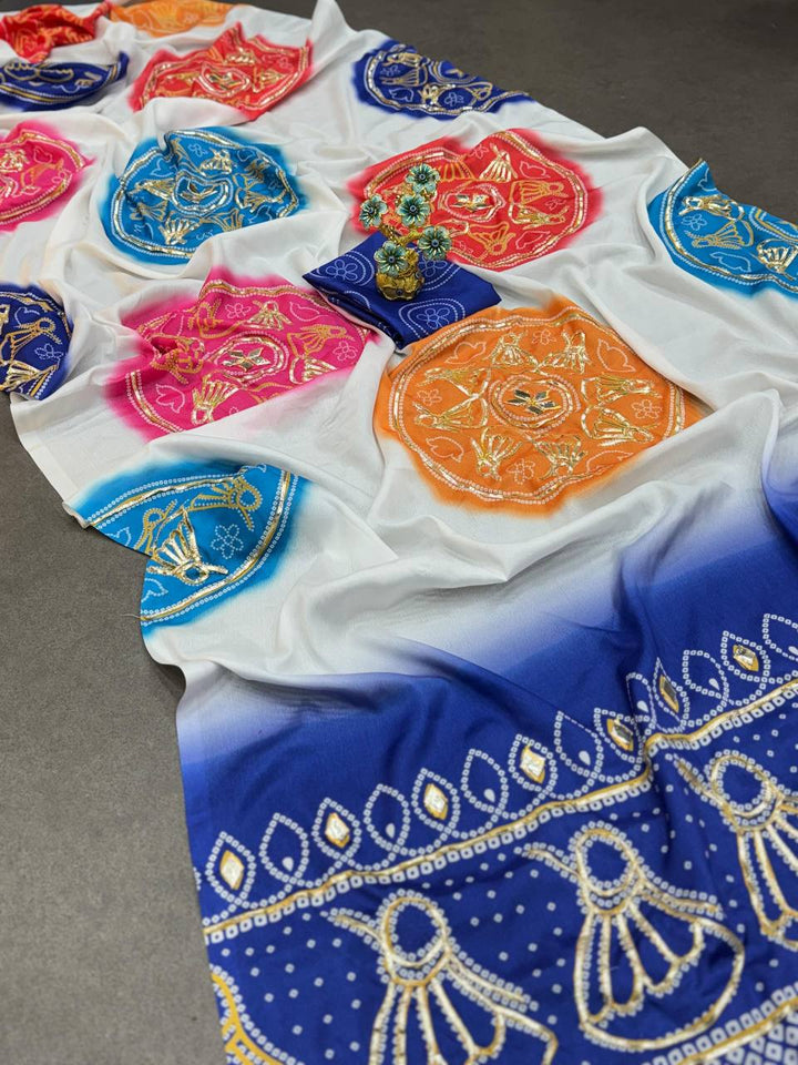 Exclusive Bandhej Print Gaji Silk Saree with All Over Butta & Contrast Blouse