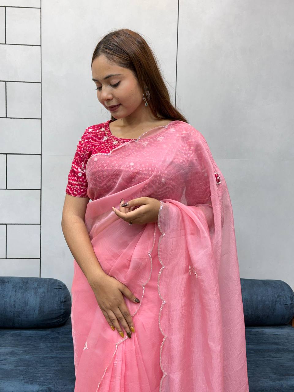 Blush Pink Embroidered Saree with Rani Bandhani Blouse | Elegant Festive Wear