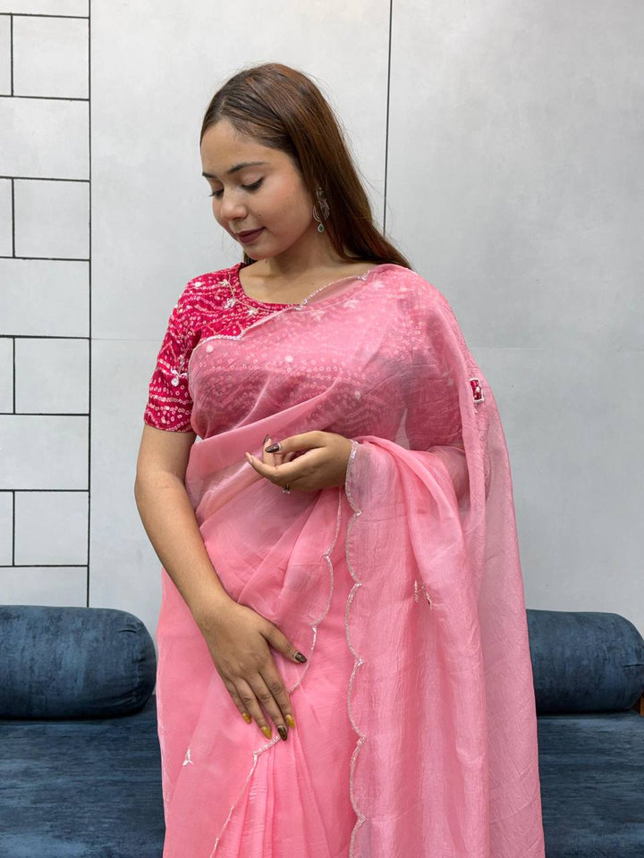 Blush Pink Embroidered Saree with Rani Bandhani Blouse | Elegant Festive Wear