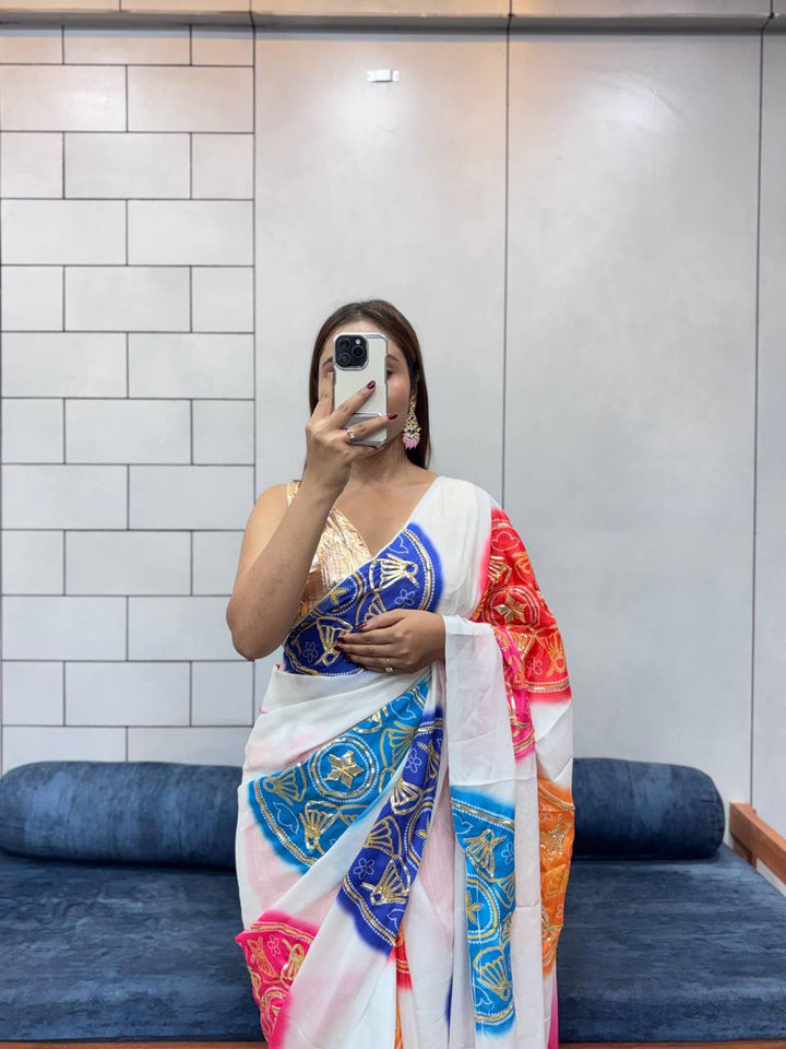 Exclusive Bandhej Print Gaji Silk Saree with All Over Butta & Contrast Blouse