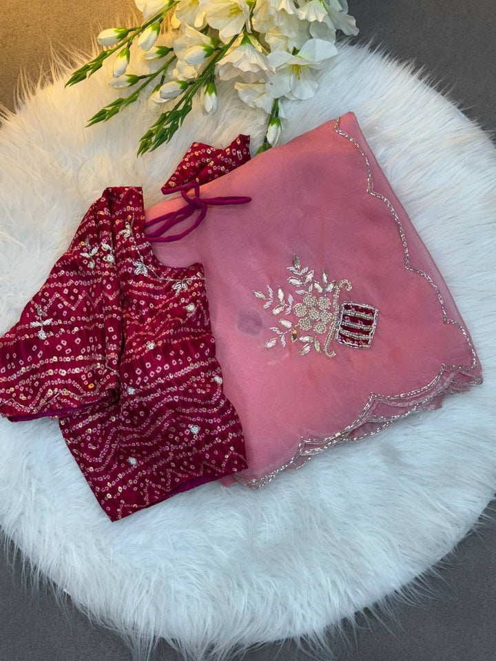 Blush Pink Embroidered Saree with Rani Bandhani Blouse | Elegant Festive Wear