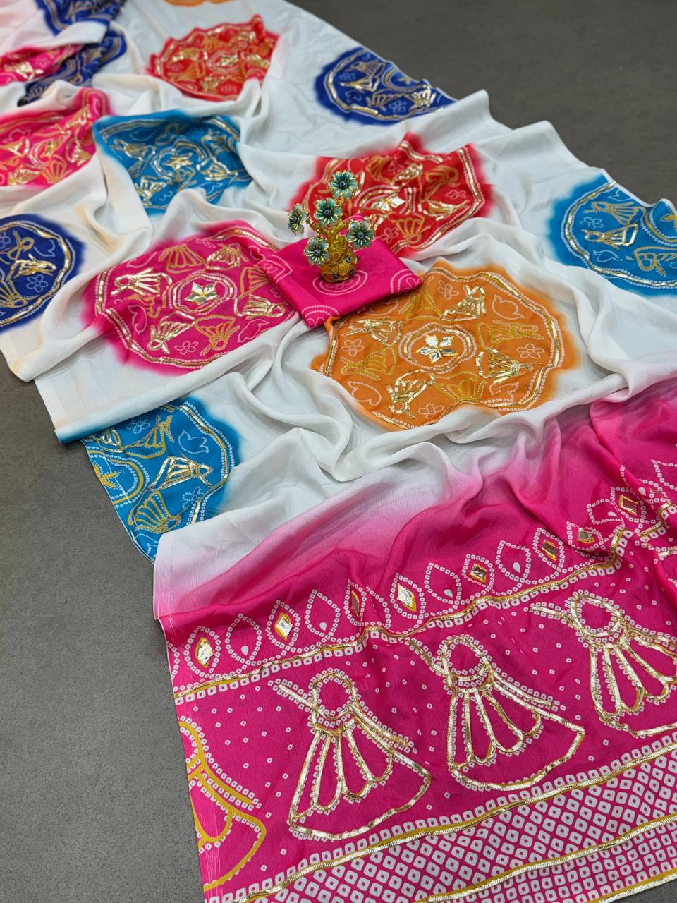 Special Edition Sawan Special Bandhej Saree in Gaji Silk with Gota Patti Handwork
