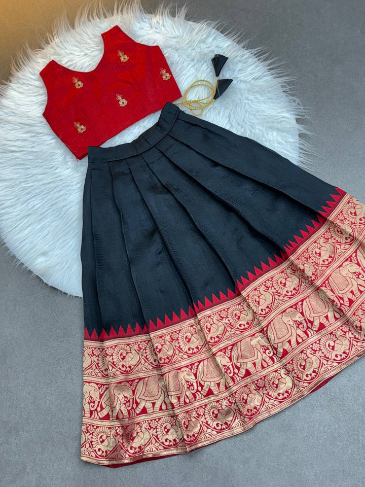 Kids' Ethnic Silk Dress – black and Red Pattu Pavadai for Festivals