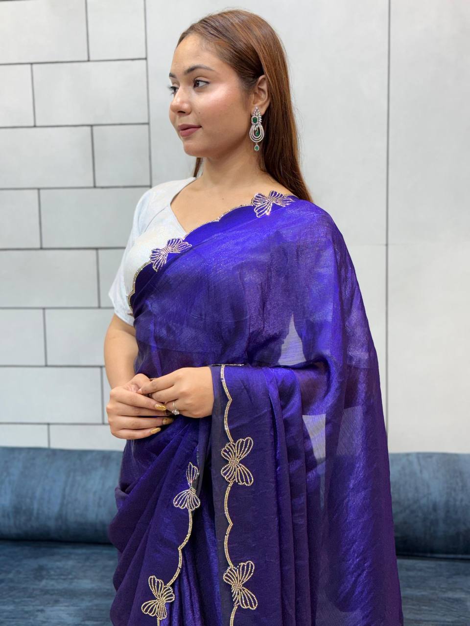 *PURPLE BUTTERFLY 🦋 CUT DANA DIAMOND 💎 PANEL WORK SAREE*