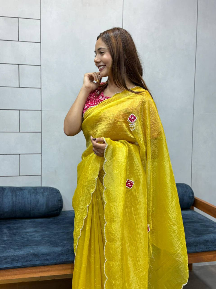 Yellow Embroidered Saree with Teal Bandhej Blouse | Soothing Ethnic Festive Wear