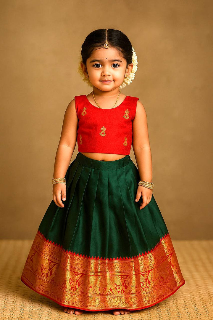 Green and Red Pattu Pavadai for Kids – Traditional Silk Skirt and Top for Girls