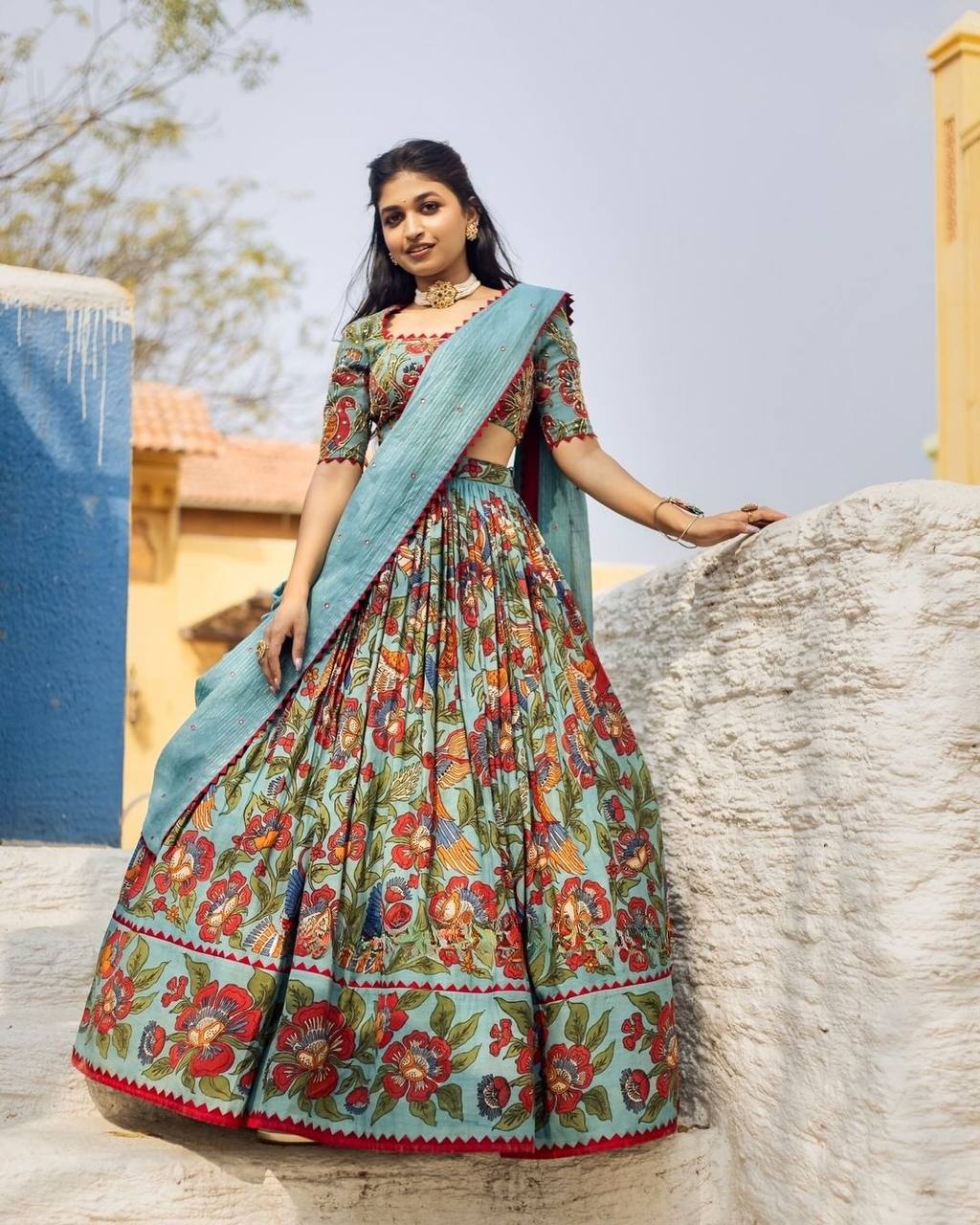 Elegant kalmakari lehenga , light shades to complement to create beautiful aura in all function