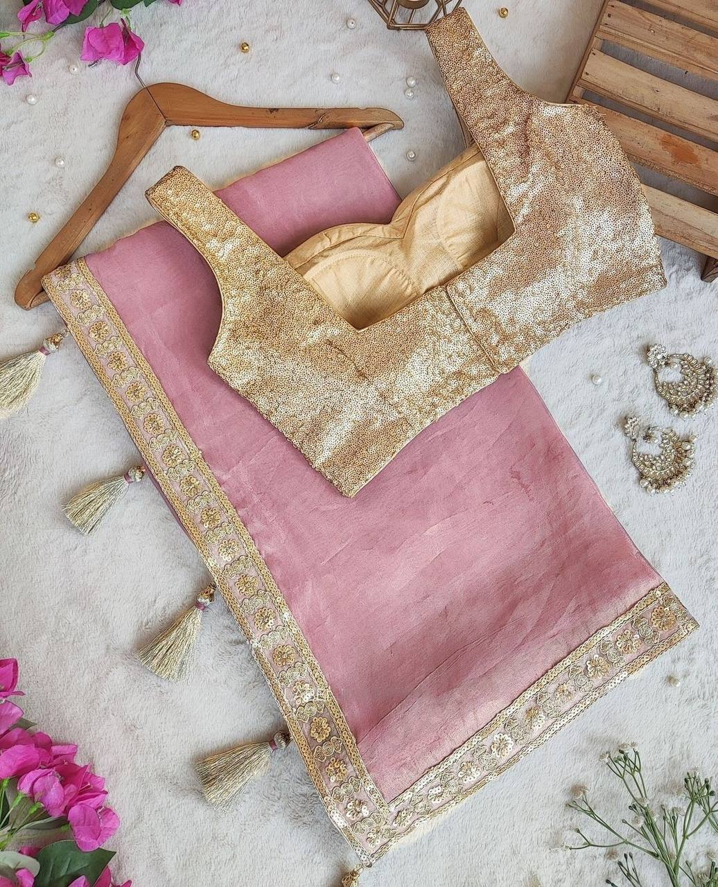 Presenting you most beautiful soft gold crush Saree With embroidery sequence blouse