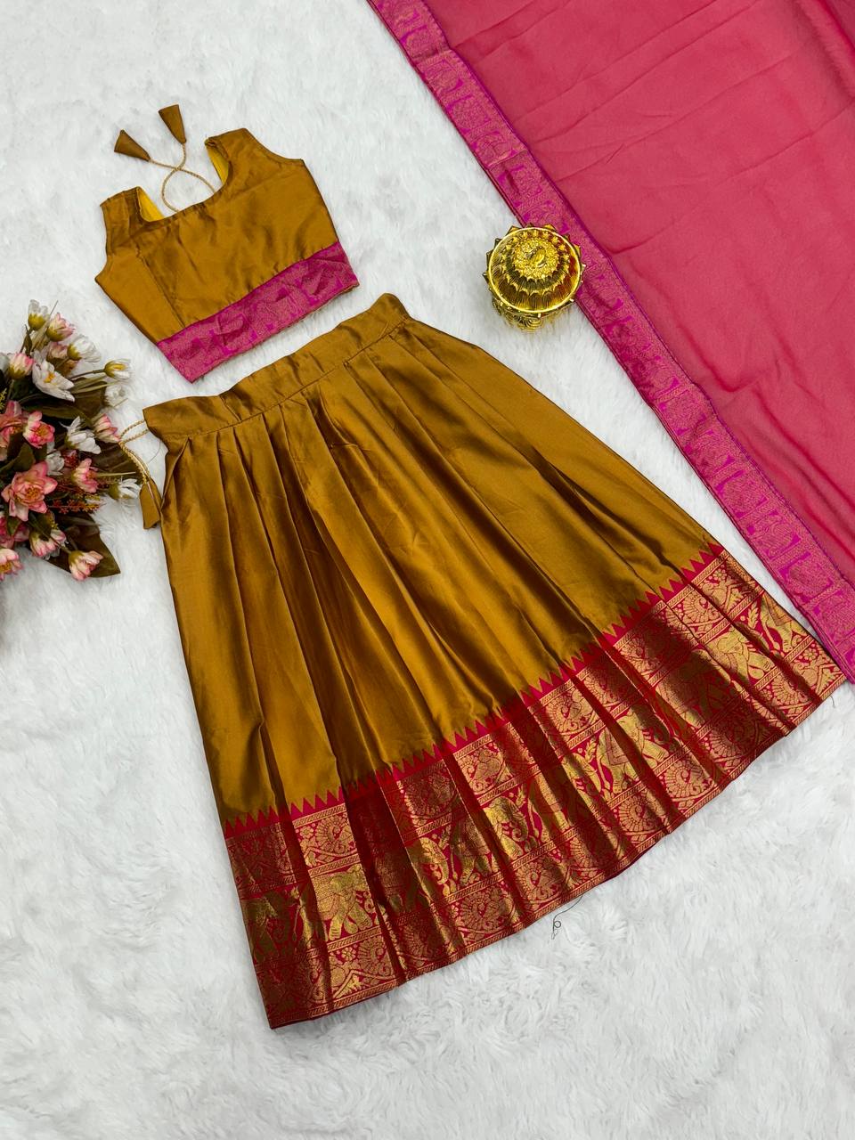 Kids Half Saree Lehenga - Light Brown & Pink