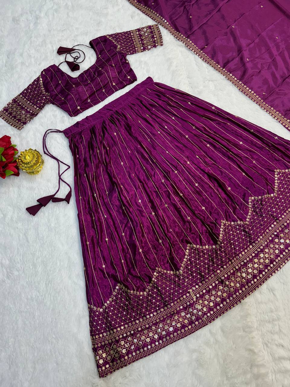 NEW DESIGNER CHINON EMROIDERY FULLY STITCHED LEHANGA CHOLI WITH DUPATTA