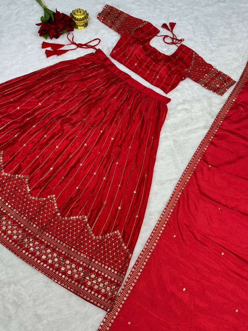 NEW DESIGNER CHINON EMROIDERY FULLY STITCHED LEHANGA CHOLI WITH DUPATTA