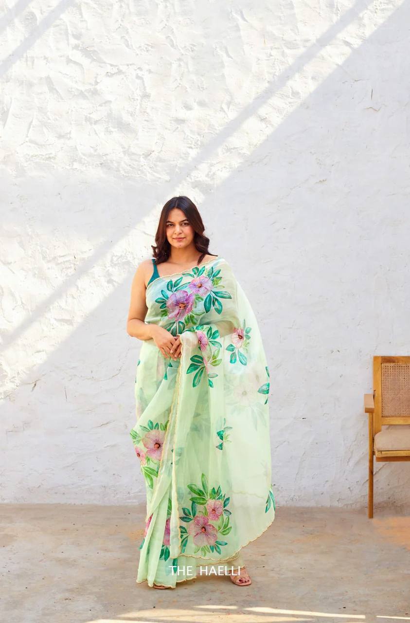 Pastel Green Organza Saree with Handpainted & Handwork Floral Design – Elegant Summer Wear