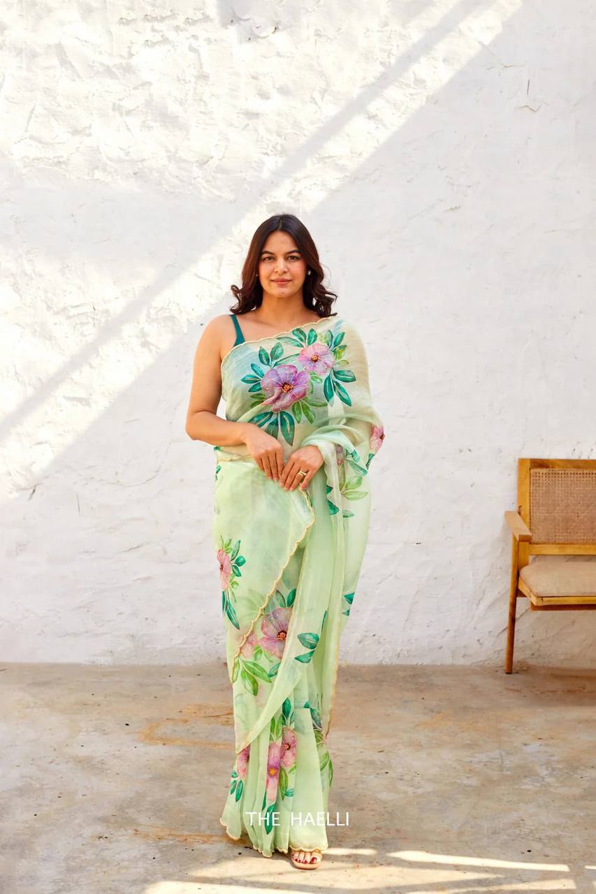 Pastel Green Organza Saree with Handpainted & Handwork Floral Design – Elegant Summer Wear