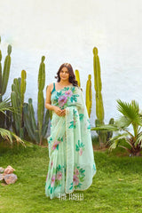 Pastel Green Organza Saree with Handpainted & Handwork Floral Design – Elegant Summer Wear