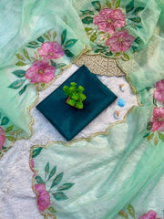 Pastel Green Organza Saree with Handpainted & Handwork Floral Design – Elegant Summer Wear