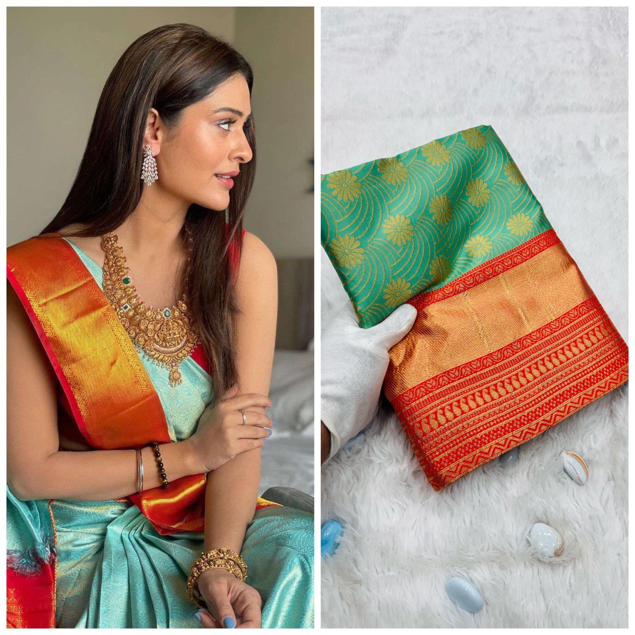 South Indian Sky Blue Saree with Gold Zari and Orange Accent