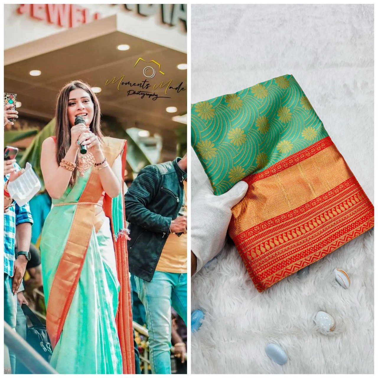 South Indian Sky Blue Saree with Gold Zari and Orange Accent