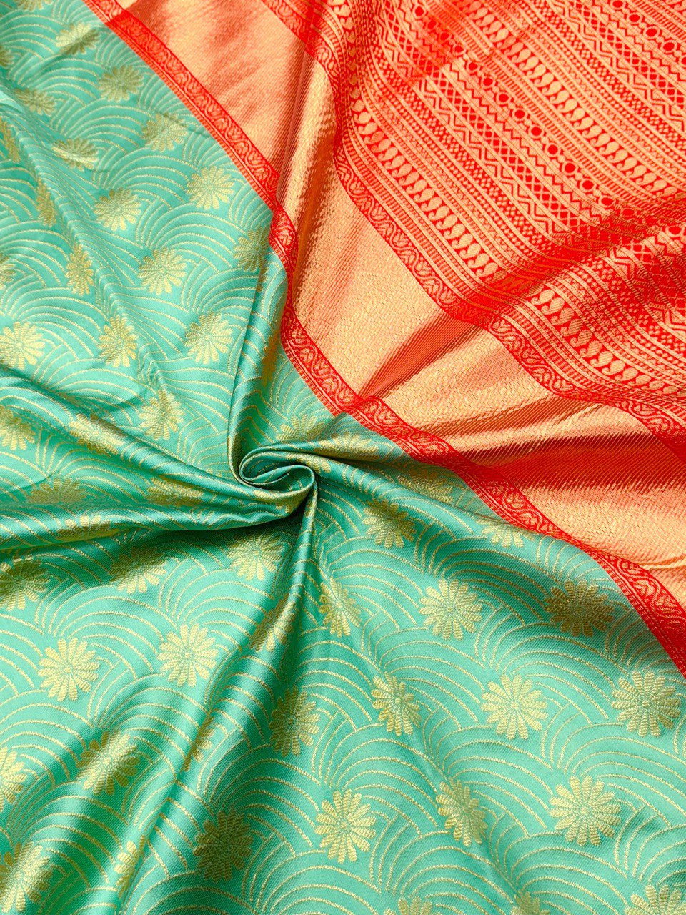 South Indian Sky Blue Saree with Gold Zari and Orange Accent