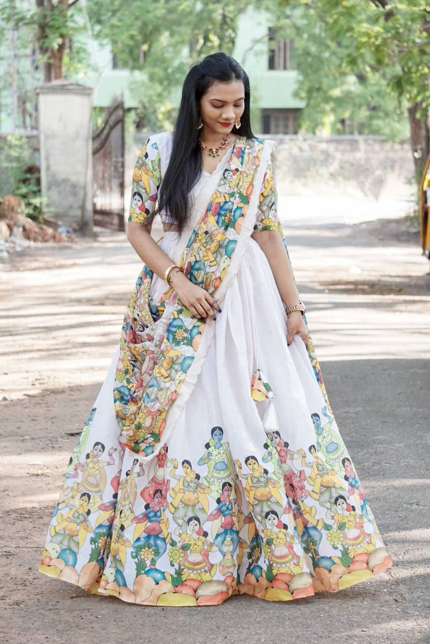 White Lehenga with Kalamkari Art Print – Perfect for Festive Style