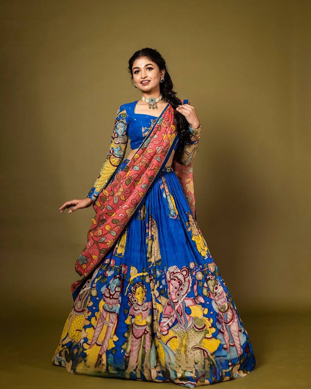 Vibrant Kalamkari Lehenga Choli Set with Multicolor Cultural Prints