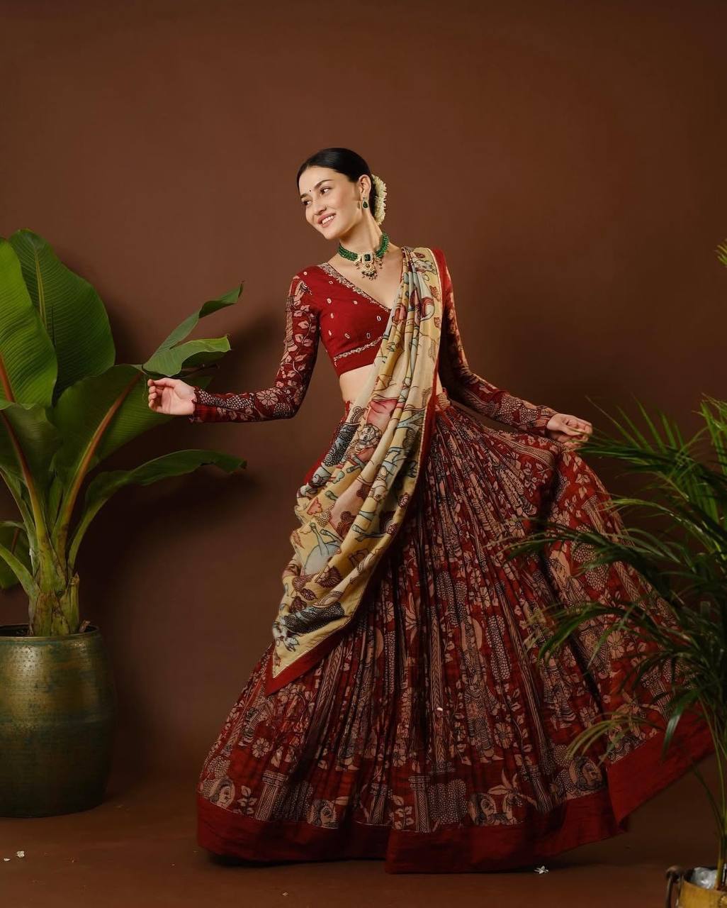 Digital Maroon Madhubani Print Lehenga with Beige Dupatta - Traditional Festive Wear for Women