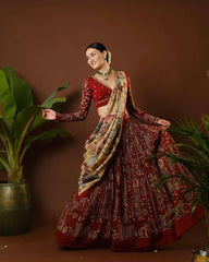 Digital Maroon Madhubani Print Lehenga with Beige Dupatta - Traditional Festive Wear for Women