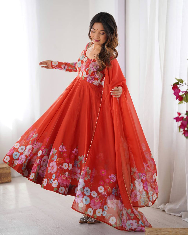 Rust Orange Floral Anarkali Suit Set with Dupatta | Georgette Embroidered Long Kurti | Festive & Wedding Wear for Women